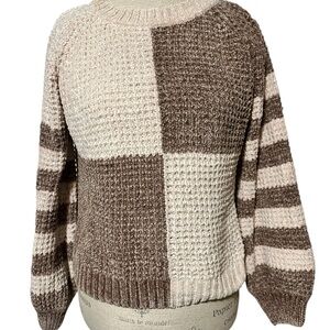 Blu Pepper color block checkered waffle knit sweater Womens small cream brown